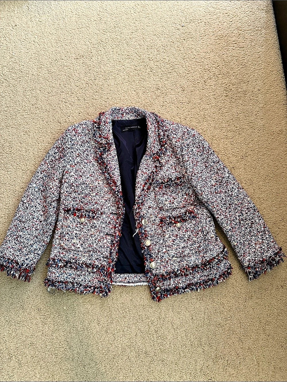 Zara Tweed Fringe Blazer Multicolor Size Medium Like New